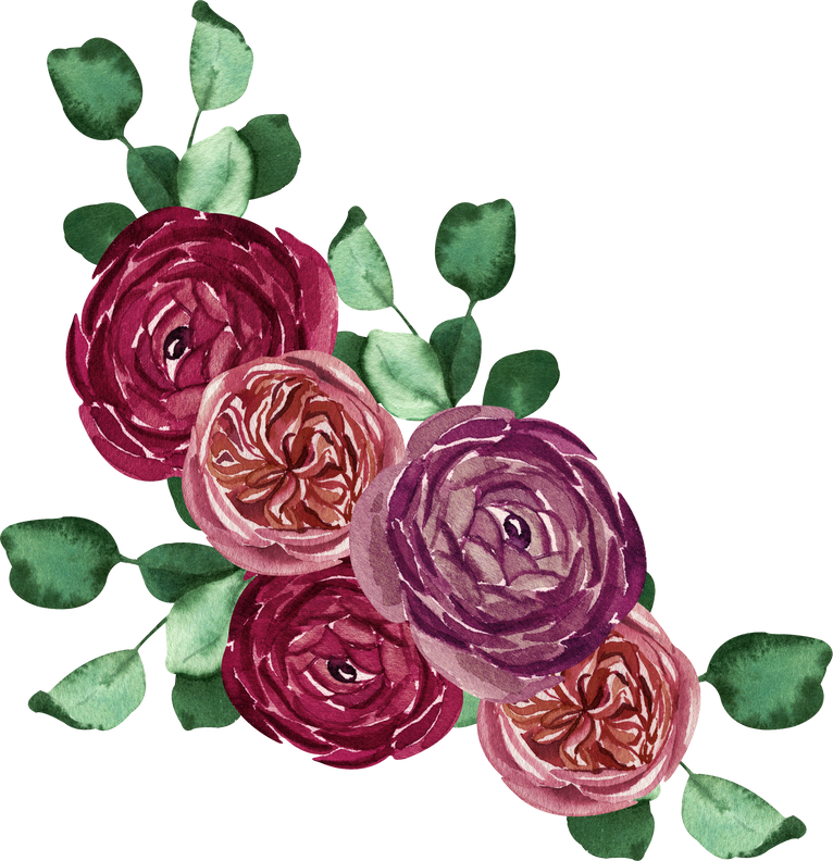 Watercolor burgundy flowers and eucalyptus bouquet